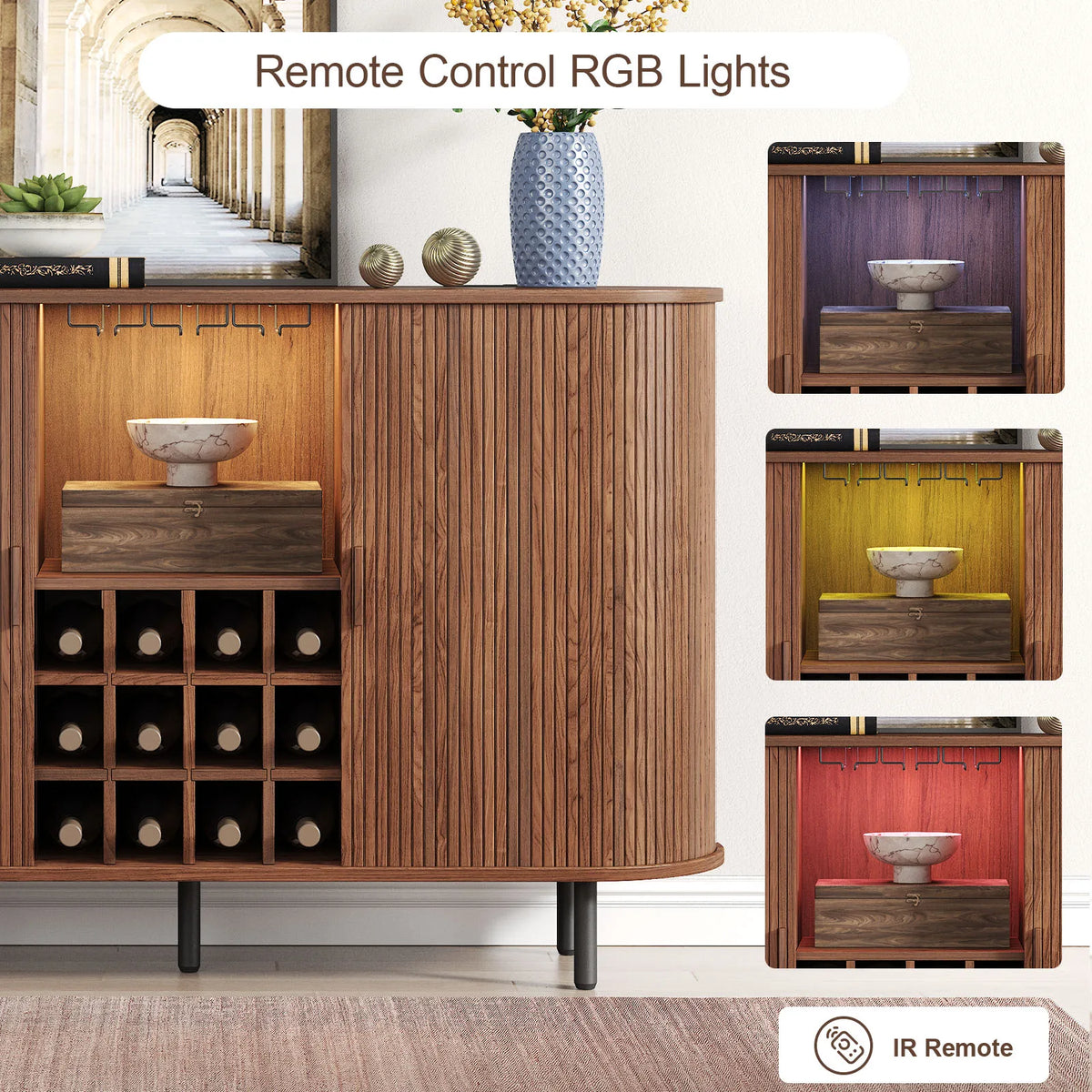 Walnut Wine Bar Cabinet with LED Lights, Wine Rack, Glass Holder & Charging Station - 55.1"