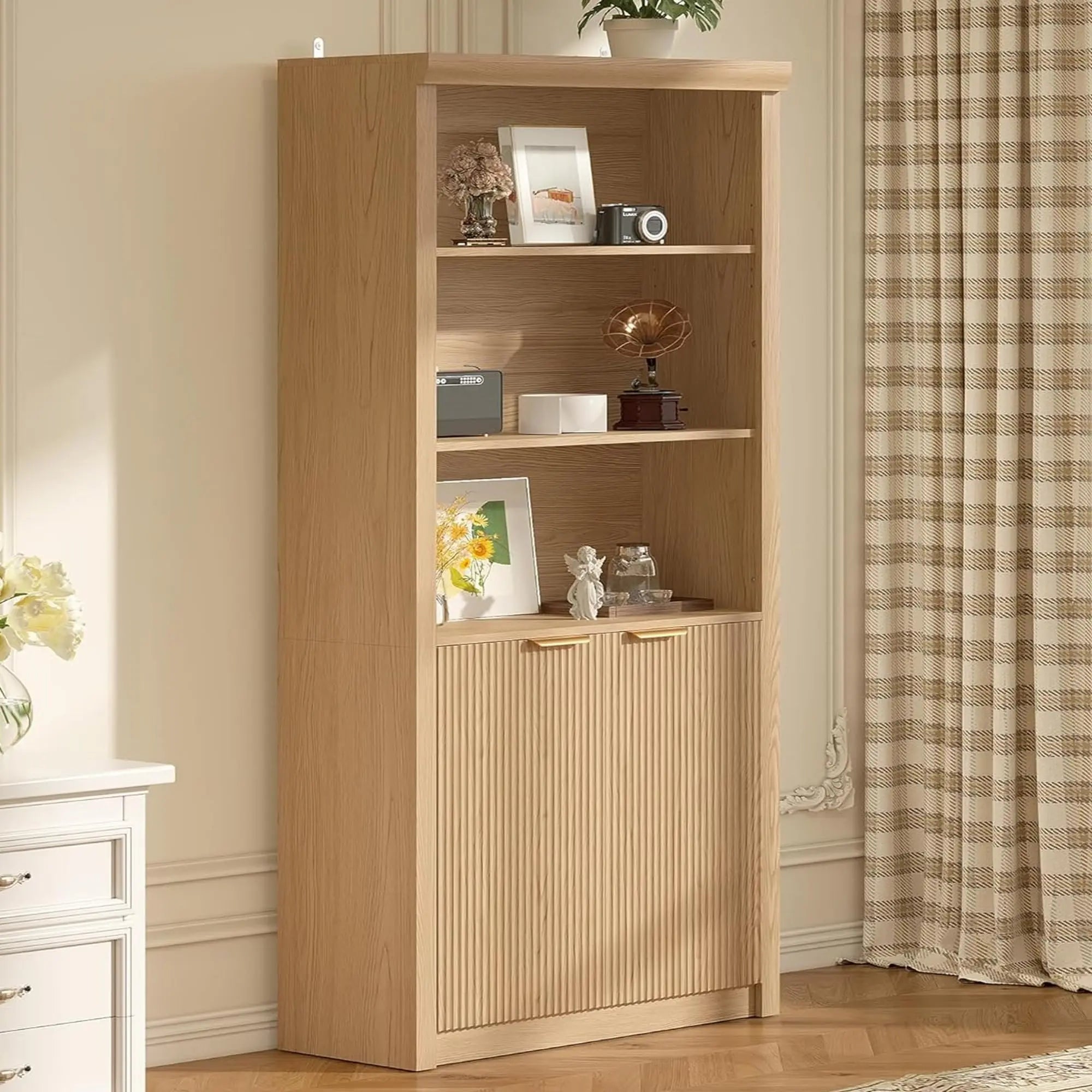 Heritage Farmhouse Bookshelf with Wicker Storage Baskets