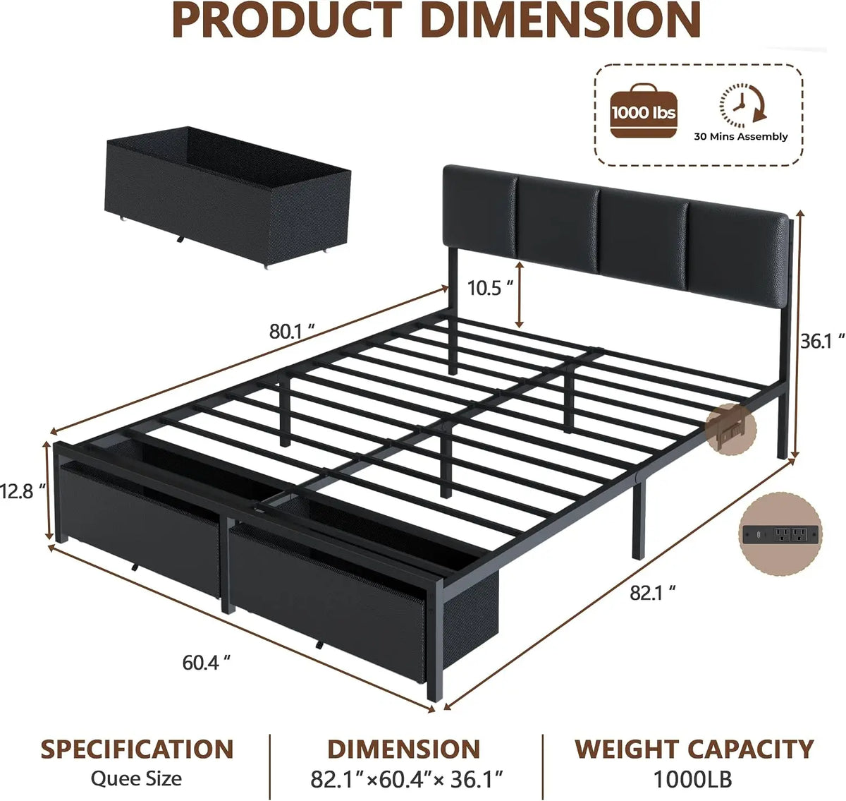 Queen Bed Frame with PU Upholstered Headboard and Charging Station | Metal Platform Bed with 2 Fabric Underbed Storage Drawers a