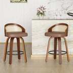 Swivel Bar Stools, Modern Wood Frame with Rattan Back, PU Leather Seat for Kitchen Counter & Bar Table - Set of 2