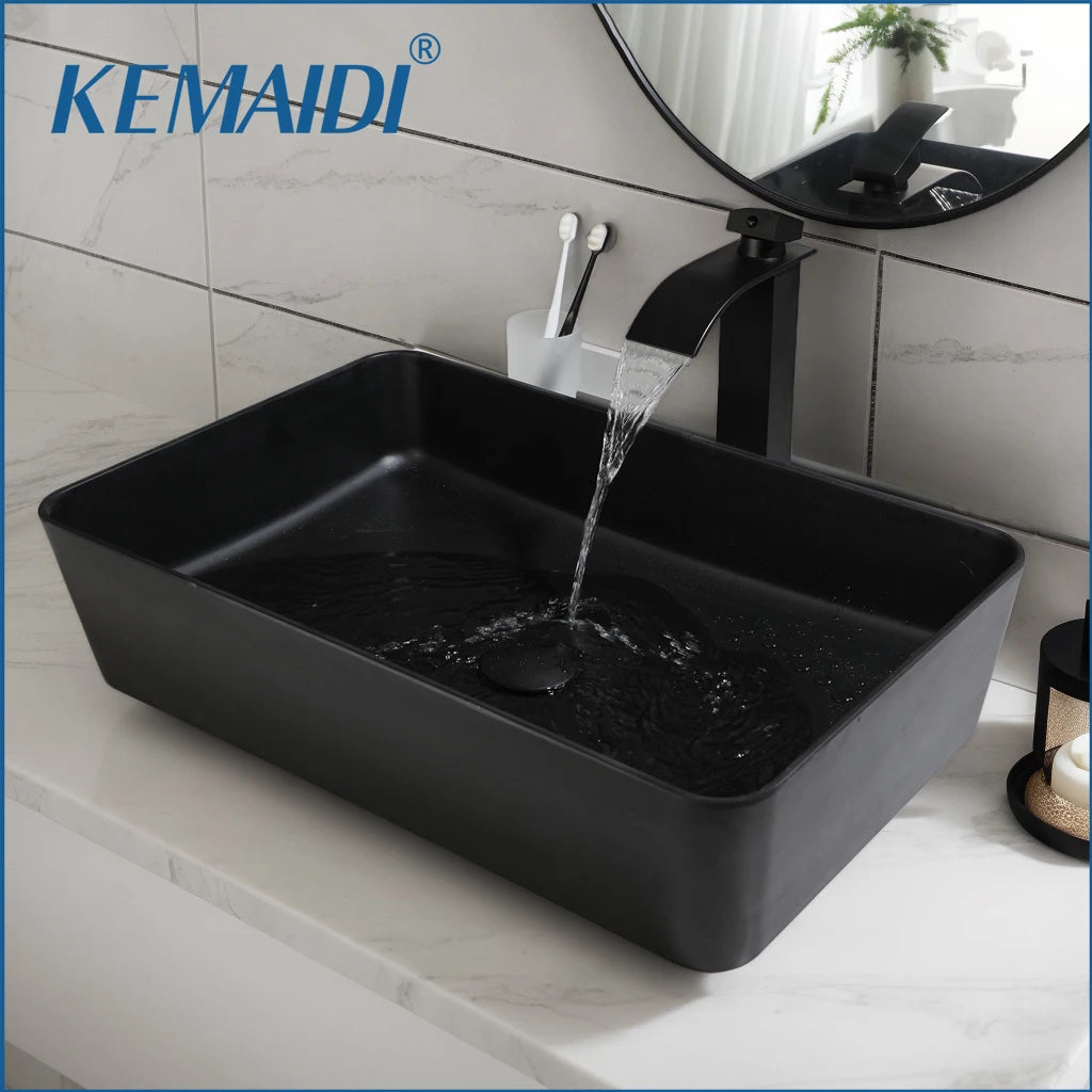 Obsidian Spa Stone Resin Vessel Sink with Waterfall Faucet Set
