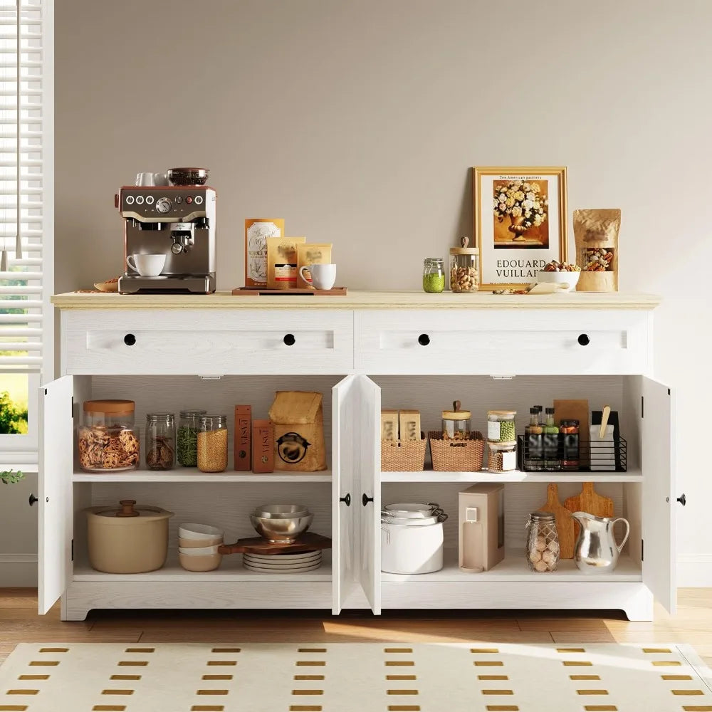 Buffet Cabinet Storage Sideboard Drawers Shelves Coffee Bar Kitchen Cabinet Natural Wood
