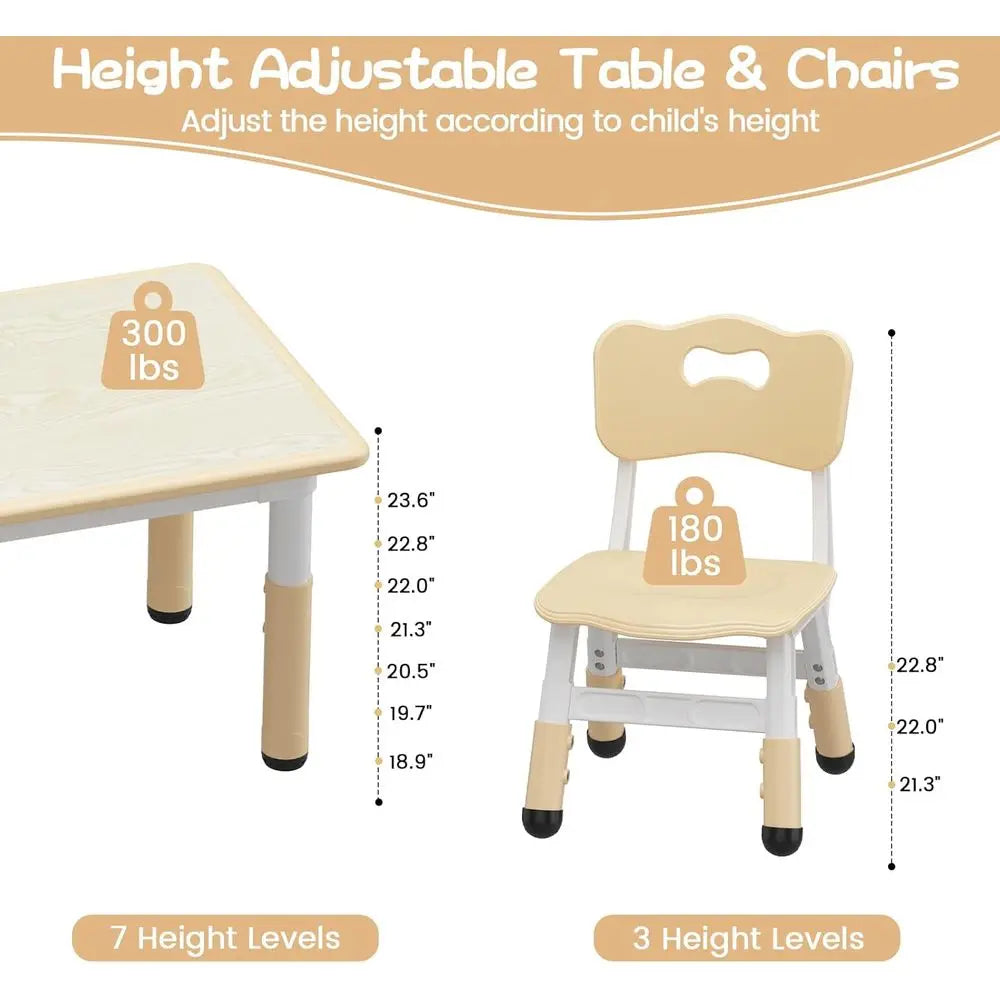 Kids Table And 6 Chairs Set Height Adjustable Toddler Table Ages 2-10 Graiti Desktop Non-Slip Legs for Children