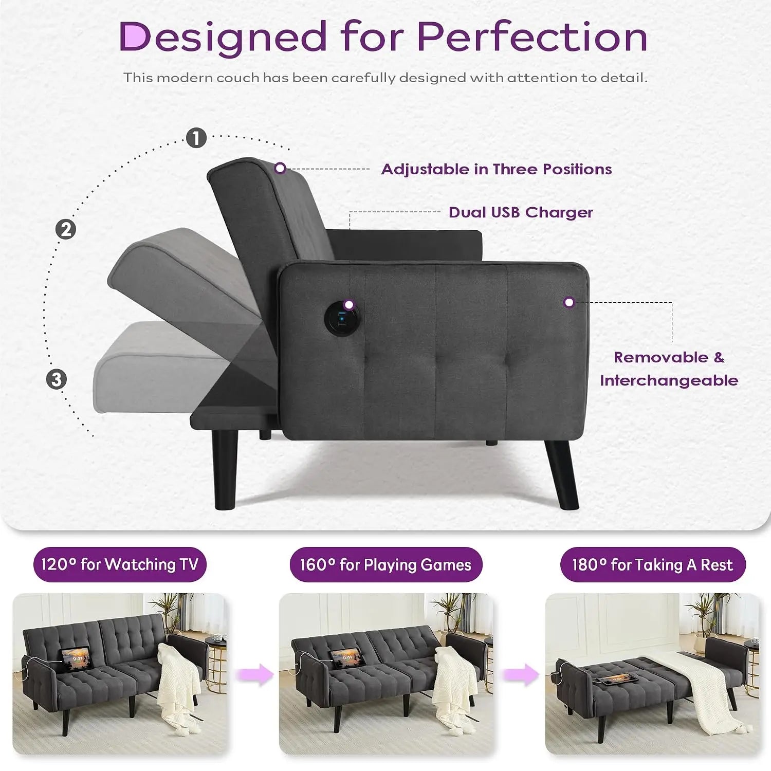 65“ Convertible Futon Sofa Bed w/ 2 USB, Upholstered Tufted Small Adjustable Folding Couch Loveseat, Modern Mid Century, Custom