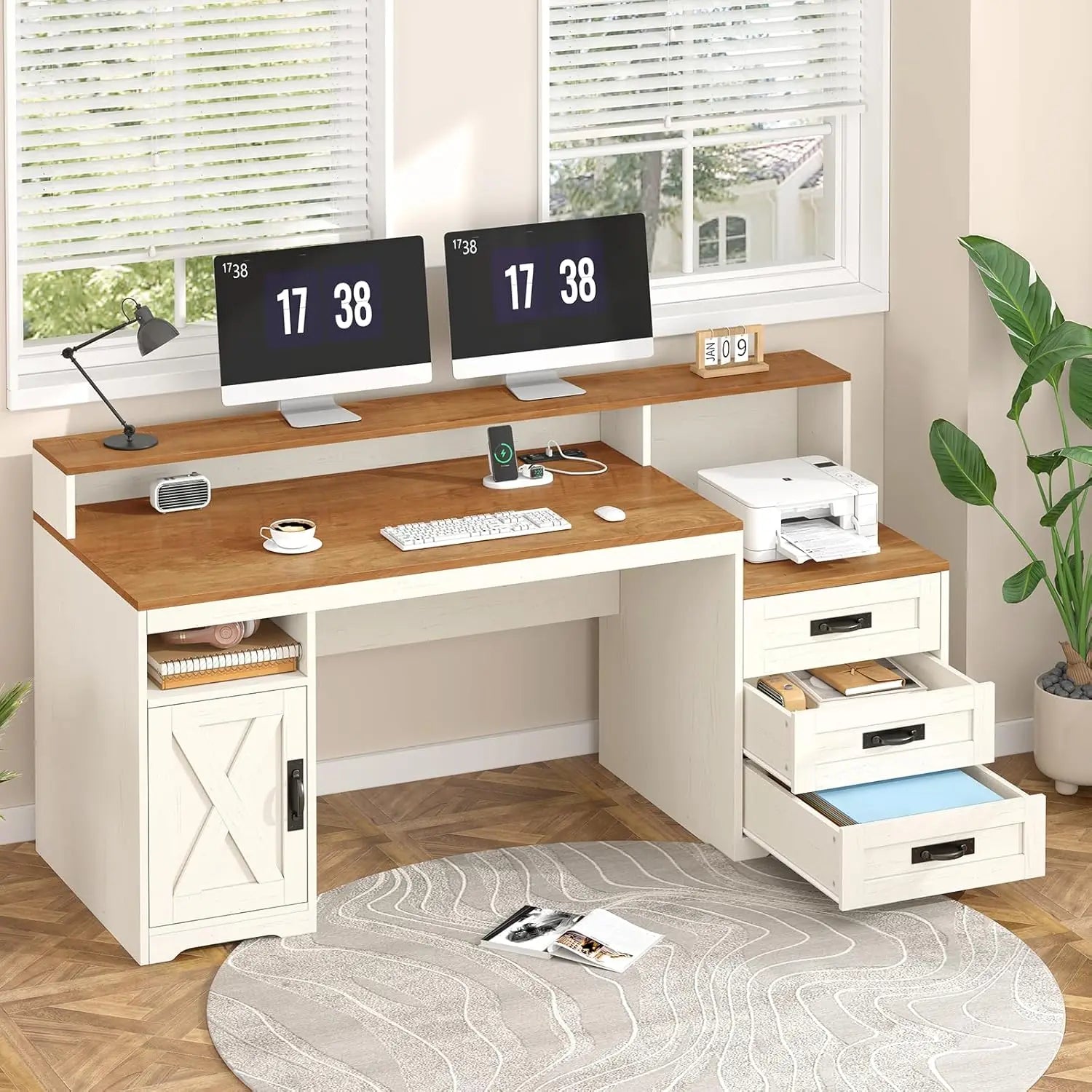 Heritage Farmhouse 65" Executive Computer Desk with Storage & Power Station