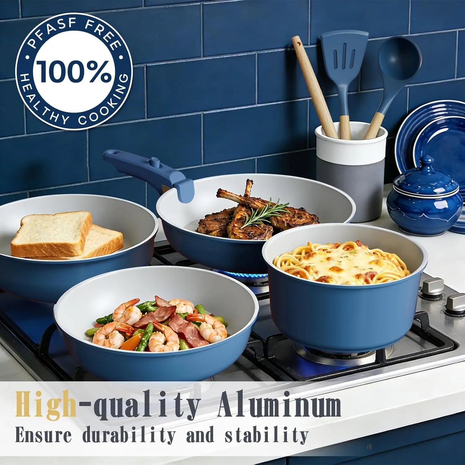 Coastal Blue Ceramic Cookware Collection – 21 Piece Set