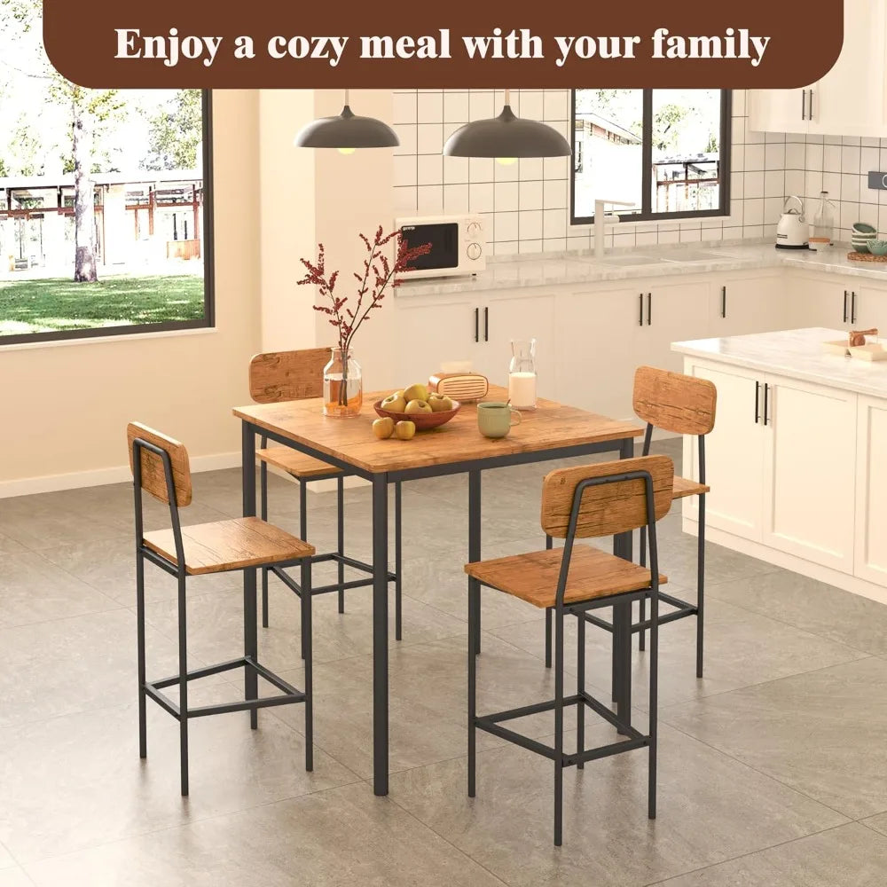 5 Piece Dining Table Set with 4 Chairs, Industrial Space Saving Kitchen Dinette for Apartment, Brown