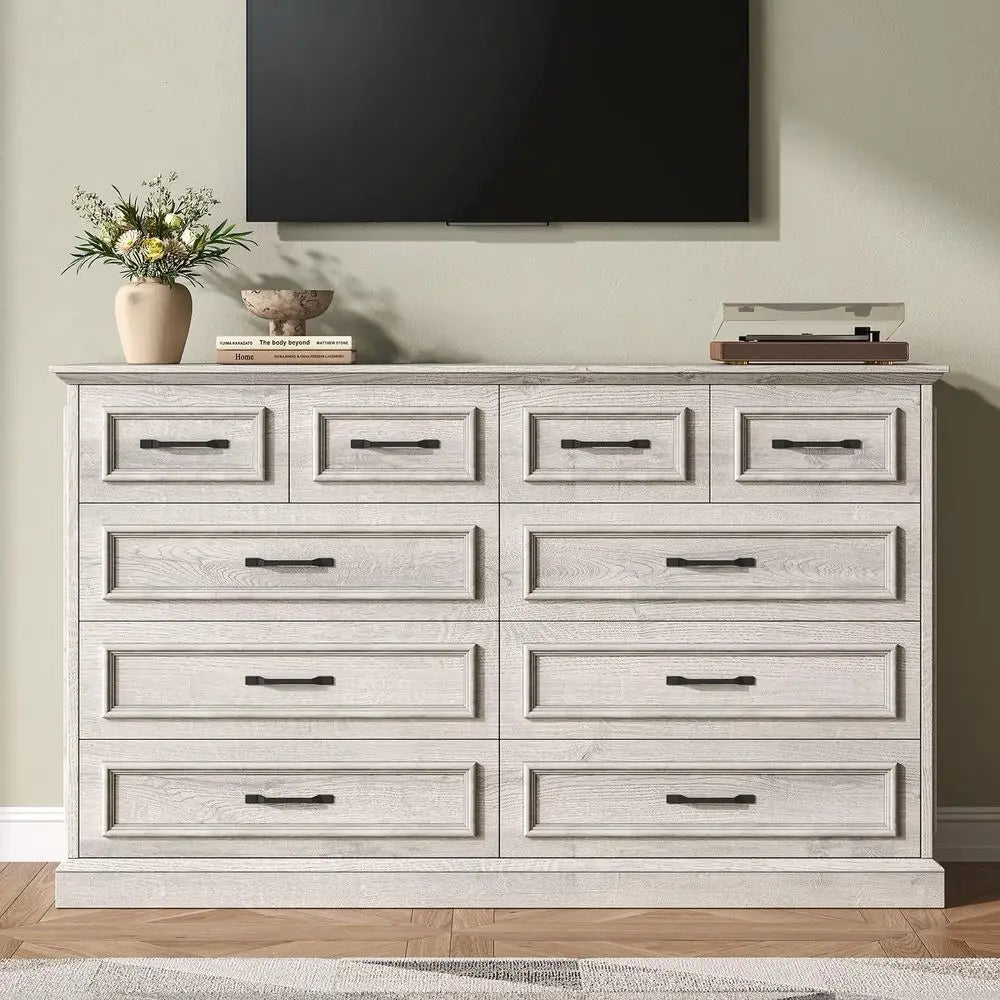 Rustic 10-Drawer Wood Dresser with Metal Handles – 55 Inch