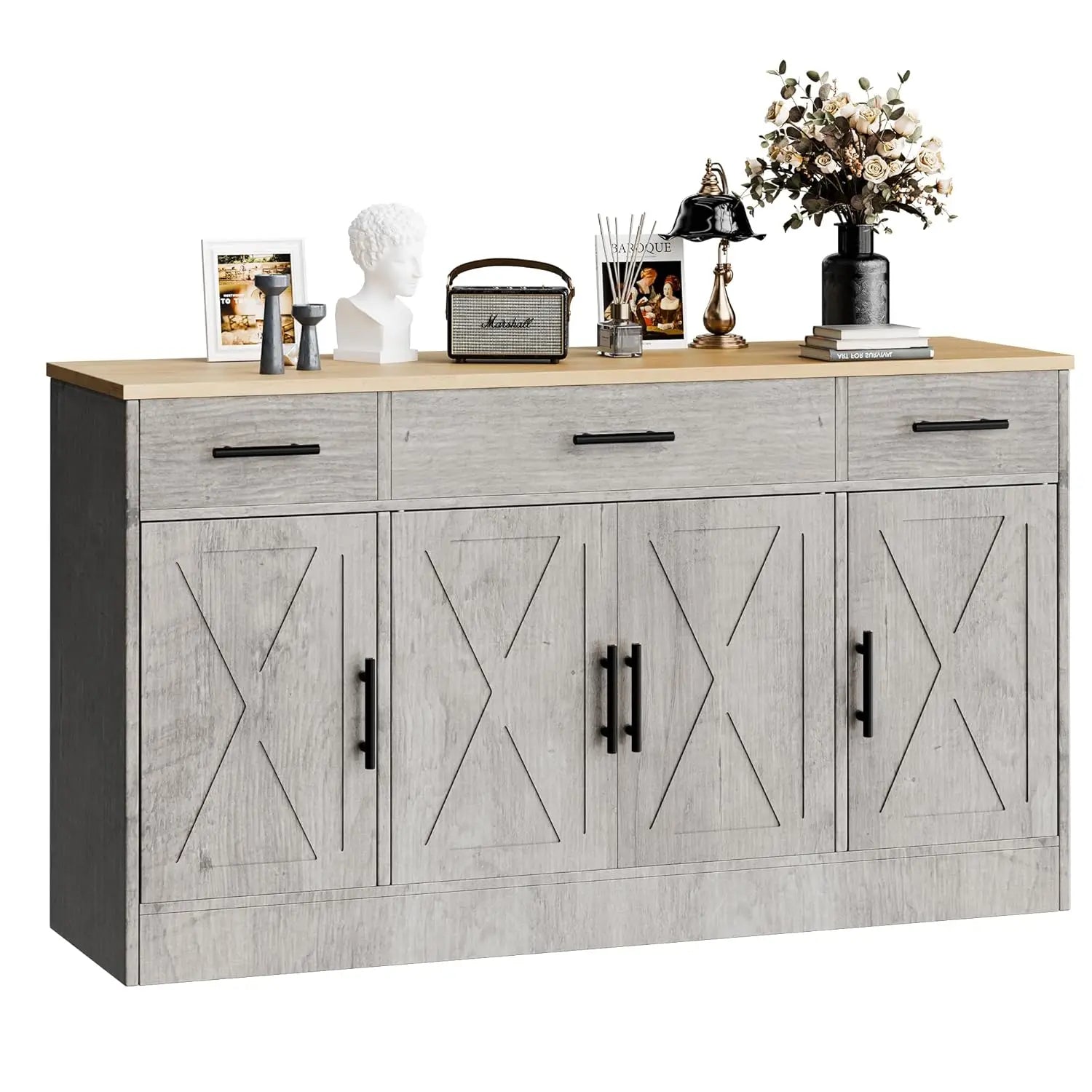 Haven Ridge Heritage Farmhouse Buffet Cabinet – 4 Door, 3 Drawer