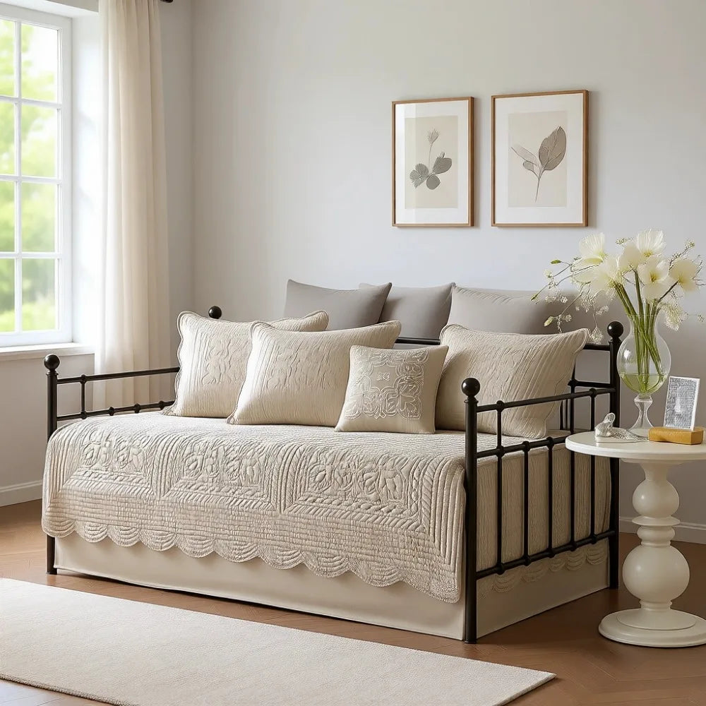 All Season Cotton-Filled Daybed Cover Set with Quilted Design, Scallop Edge, and Coastal Decor Pillows