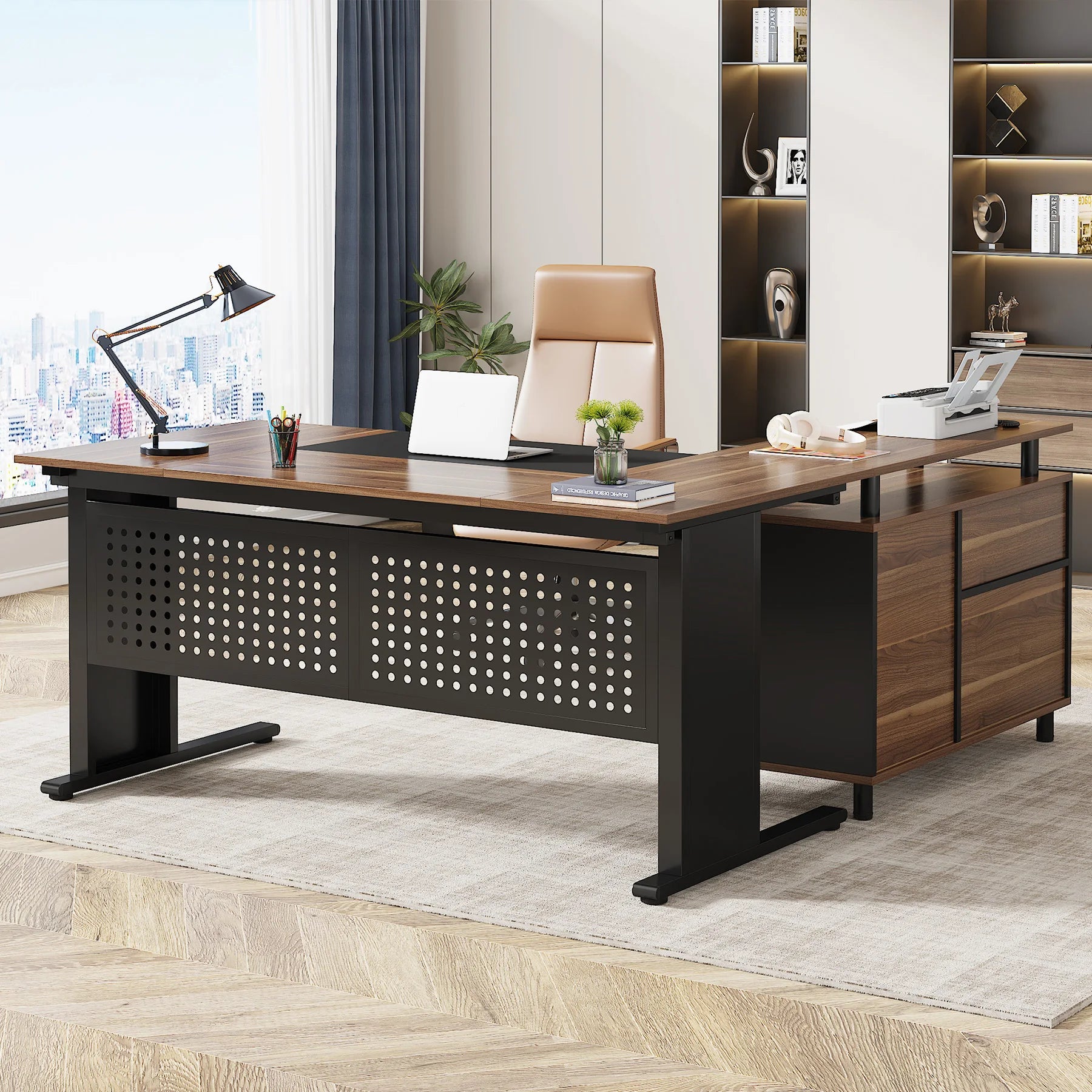 Summit Executive 63" L-Shaped Office Desk with File Cabinet & Storage