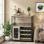 3-Tier Wine Bar Cabinet with LED Lights, Wine Rack, Glass Holder & Mesh Door Storage
