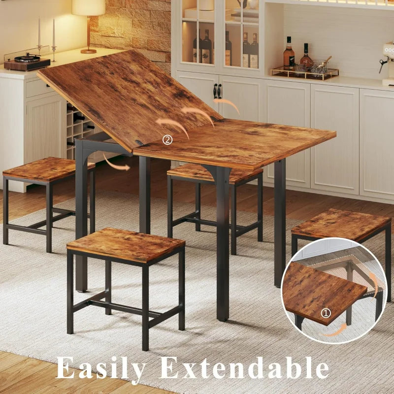 Extendable Kitchen Table Chairs Set of 4,  Compact Kitchen Table and 4 Stools Small Space,