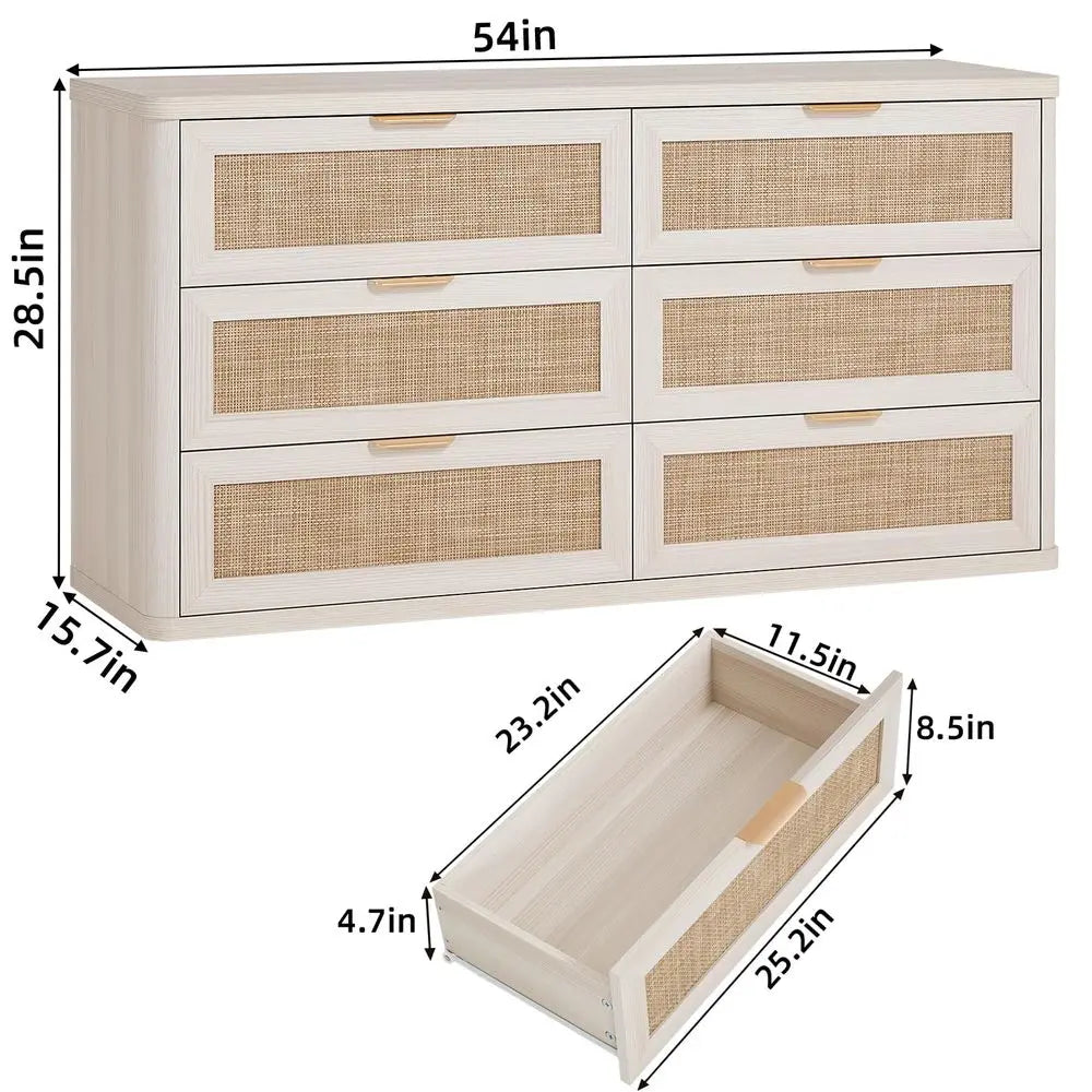 Boho Rattan 6-Drawer Dresser & TV Stand Organizer – 54 Inch