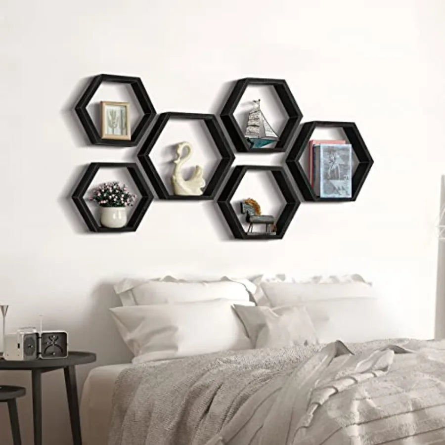 Heritage Hexagon Floating Wall Shelves – Set of 6 Honeycomb Shelves