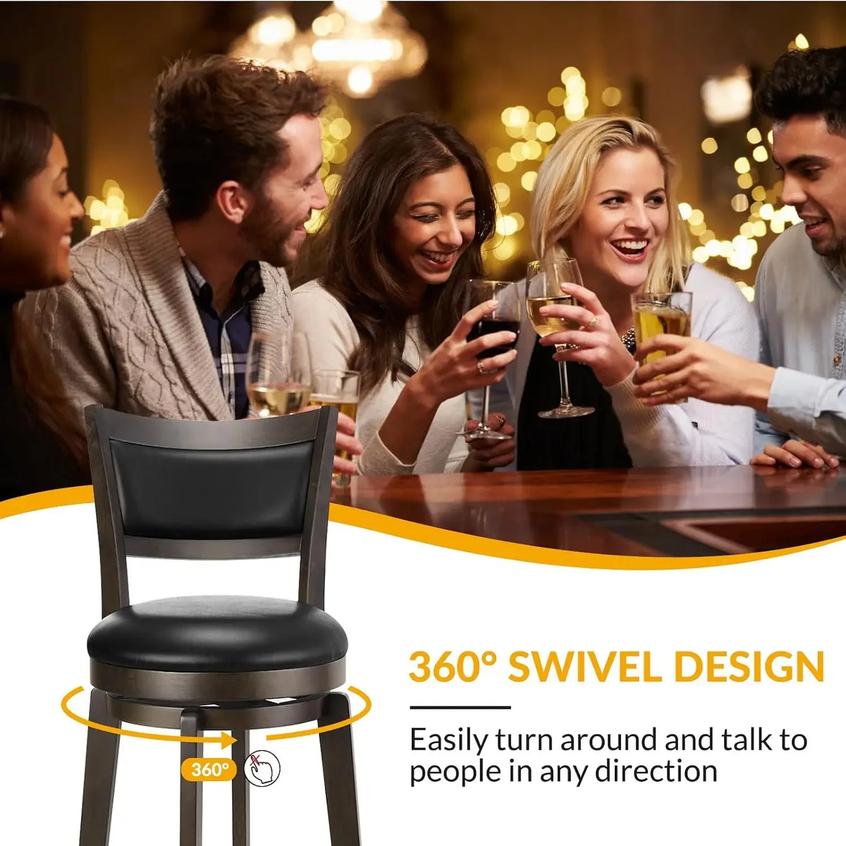 Swivel Bar Stools Set of 2, 26 Inch Counter Height Barstools | Black Faux Leather, High Backrest, Solid Rubberwood Frame