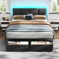 Queen Bed Frame with PU Upholstered Headboard and Charging Station | Metal Platform Bed with 2 Fabric Underbed Storage Drawers a