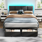 Queen Bed Frame with PU Upholstered Headboard and Charging Station | Metal Platform Bed with 2 Fabric Underbed Storage Drawers a