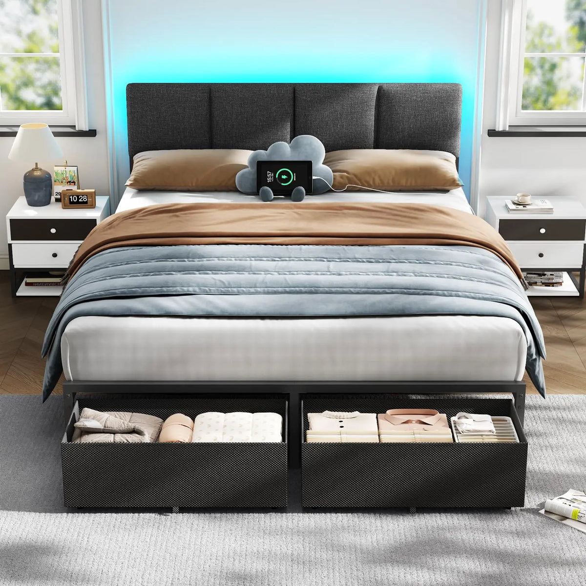 Queen Bed Frame with PU Upholstered Headboard and Charging Station | Metal Platform Bed with 2 Fabric Underbed Storage Drawers a