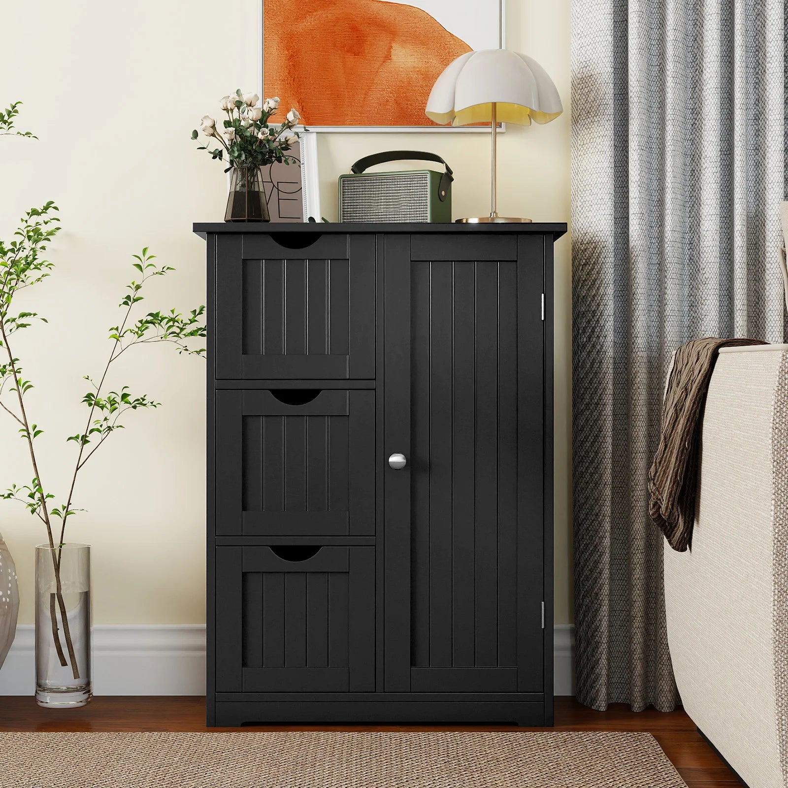 HavenHarbor Bathroom Floor Storage Cabinet with 3 Drawers & Adjustable Shelf