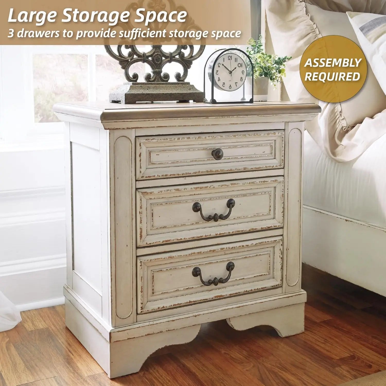 Realyn French Country 3-Drawer Nightstand with Charging Station