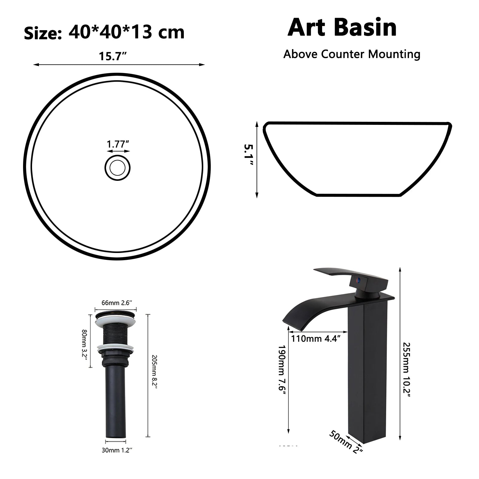 Aurora Luxe Marbled Ceramic Vessel Sink with Matte Black Waterfall Faucet Set