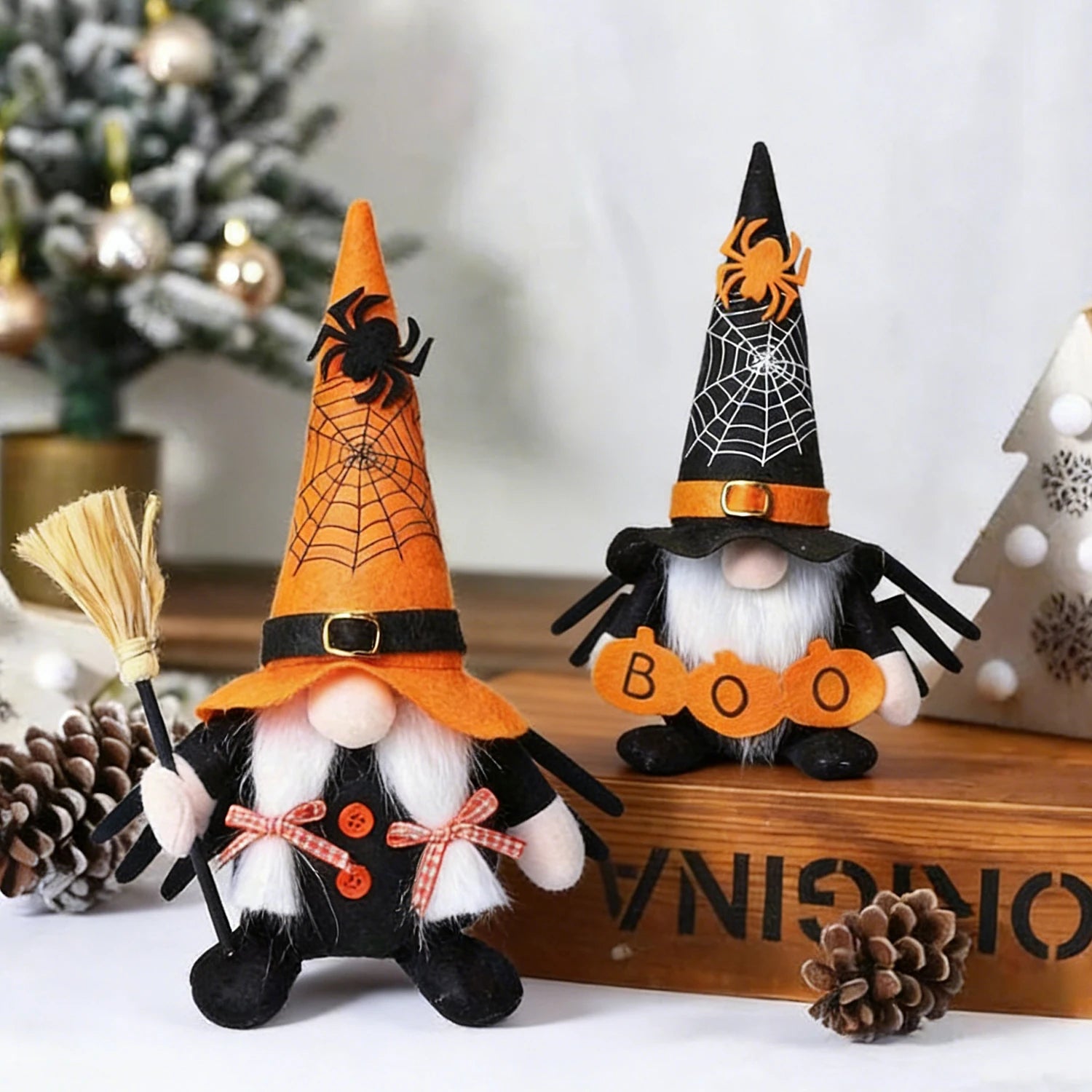 Halloween Spider Puppet Ornament Set – Black & Orange Spooky Décor 2-Piece