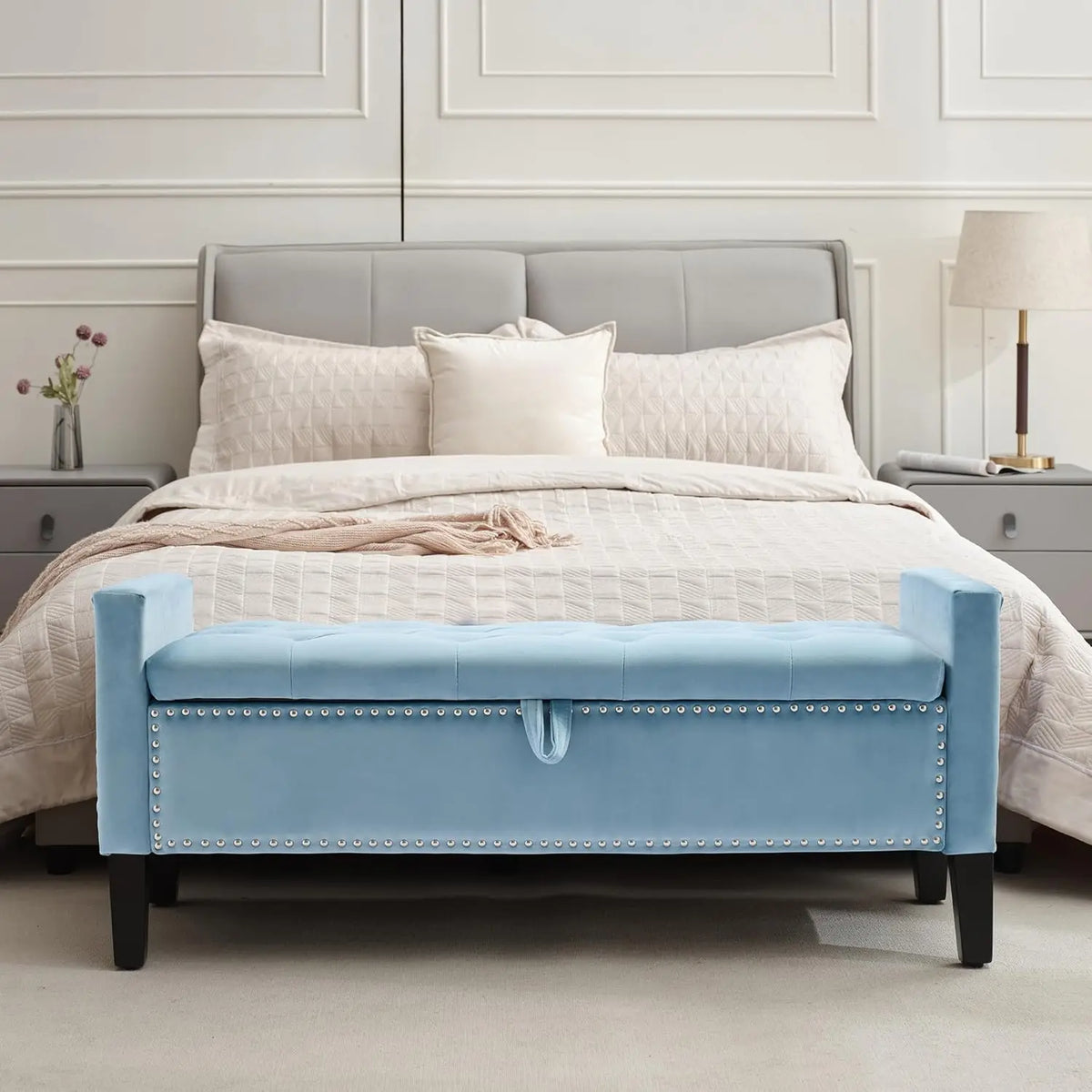 Velvet Storage Ottoman Bench, 45'' Upholstered Button Tufted End of Bed Bench, Modern Storage Bench for Bedroom,, Customized