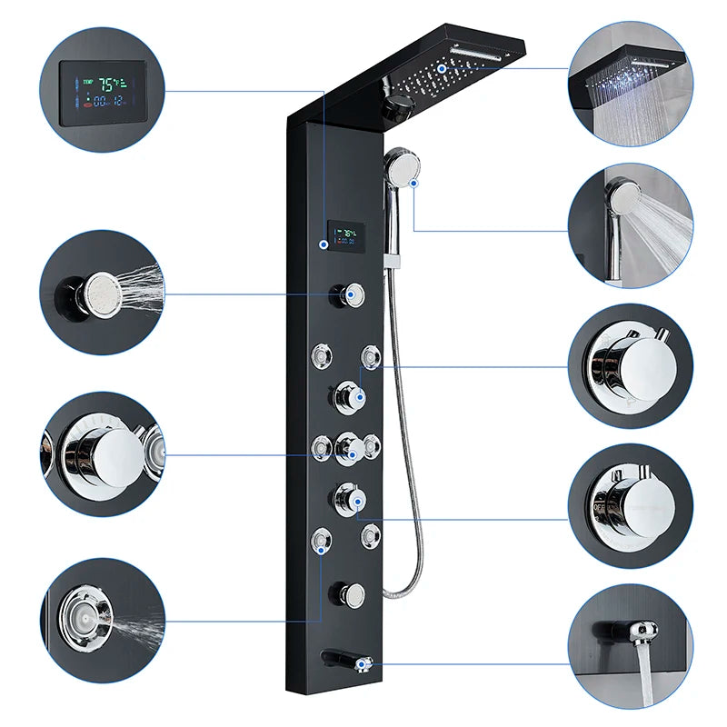 Cascade Luxe LED Shower Panel System with Digital Temperature Display & SPA Massage Jets