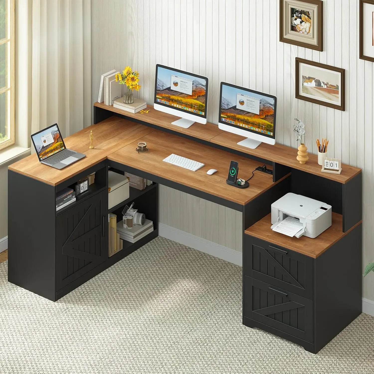 Heritage Farmhouse 62" L-Shaped Executive Desk with Storage & Power Station