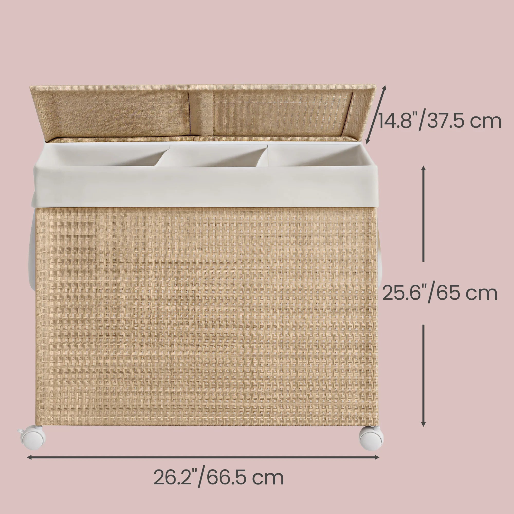 Laundry Hamper with 3 Sections, Large 36.98 gal Rolling Laundry Basket with Wheels, Rattan Clothes Basket with Lid And Removable Liner with Handles, Laundry Baskets