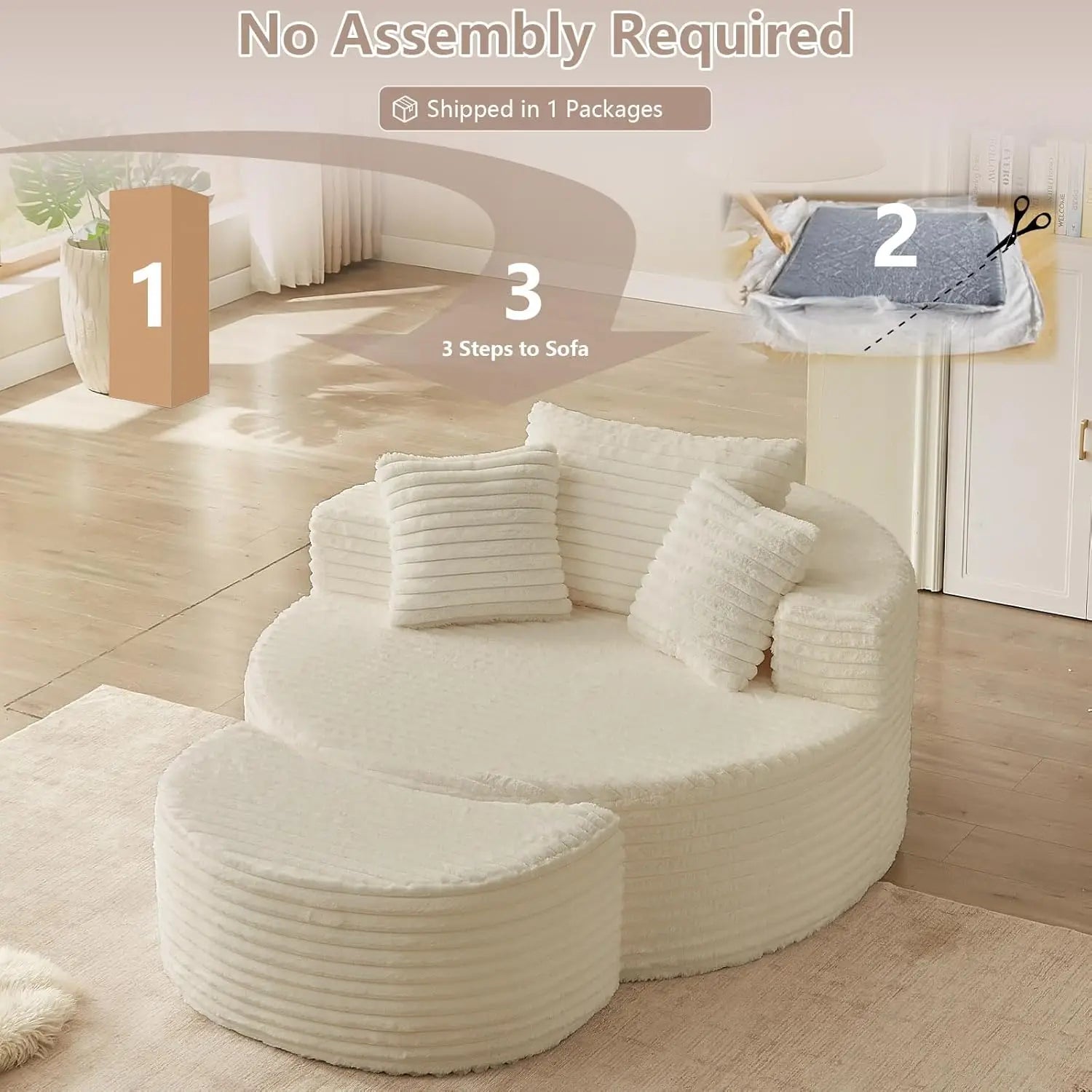 CloudNest Round Corduroy Chaise Lounge with Ottoman