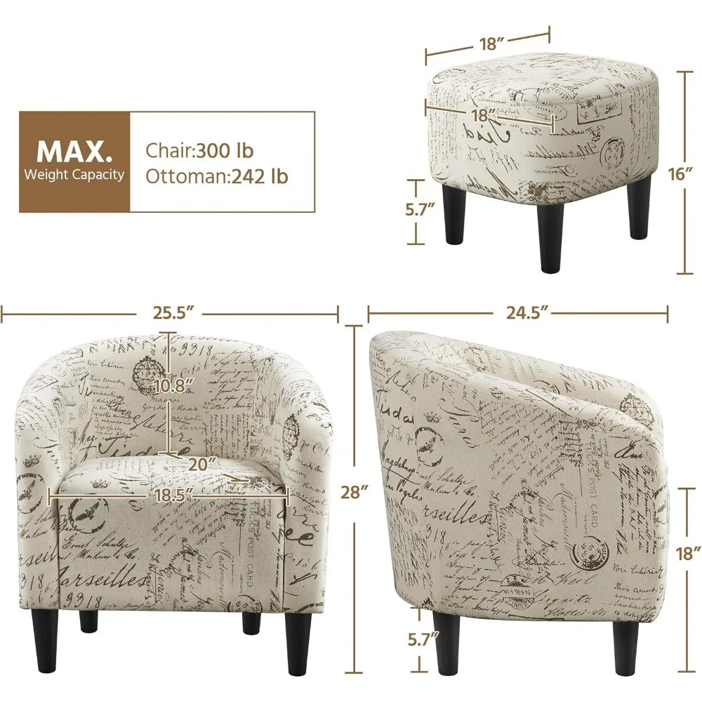 Compact Fabric Accent Chairs with Ottoman for Small Spaces, Perfect for Living Room and Bedroom
