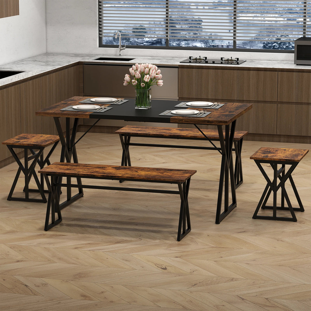 5-Piece Dining Room Set with 2 Benches & 2 Stools, Metal Frame for Small Room