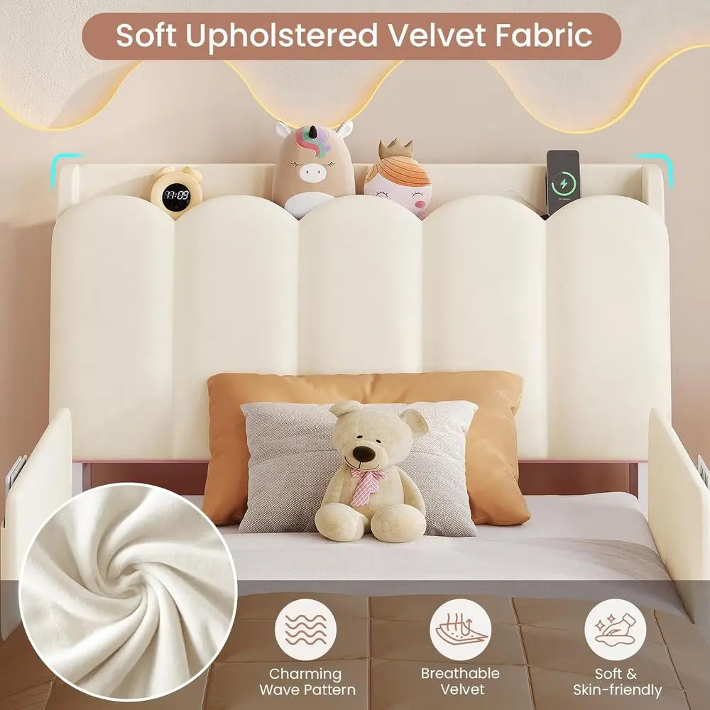 Twin Velvet LED Platform Bed with Storage & Guardrails