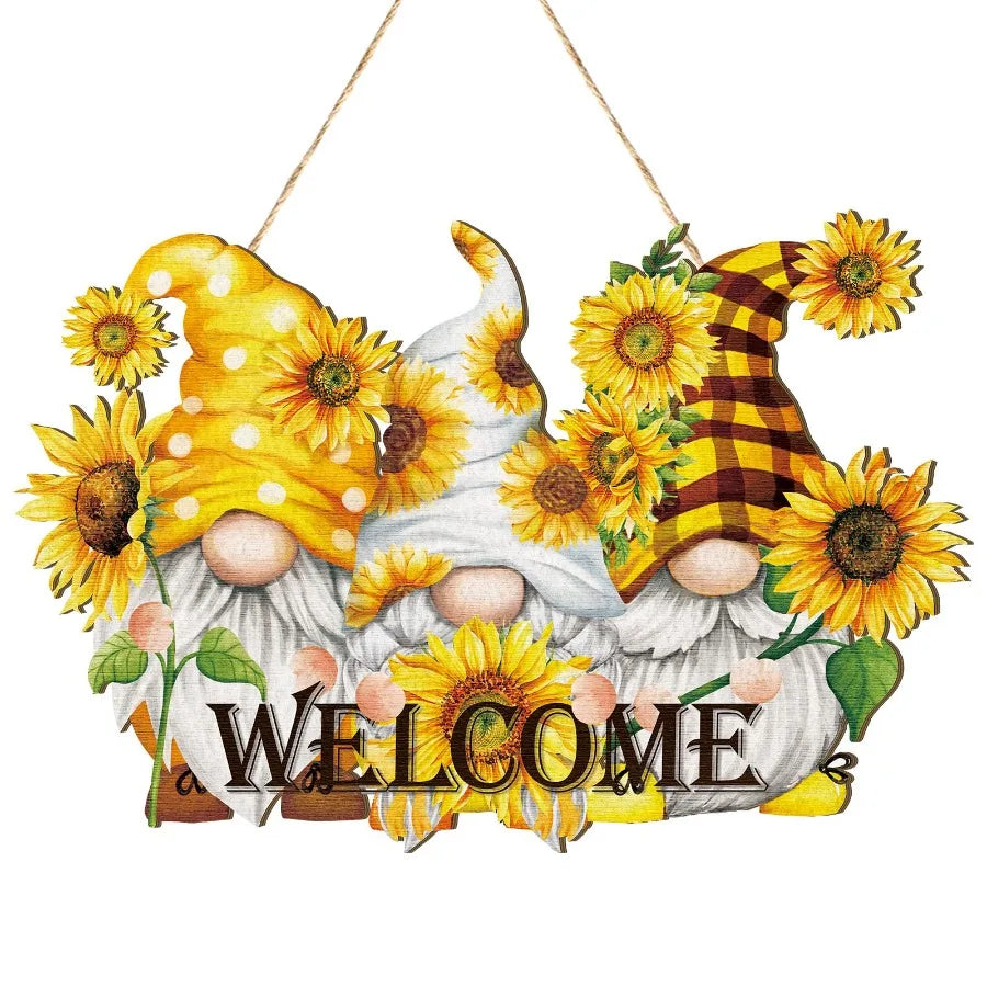 Welcome Wood Door Hanger 12 Inch Large Wooden Flower Sign, Inspirational Wall Porch Art, Summer Fall Front Door Wreath, Indoor