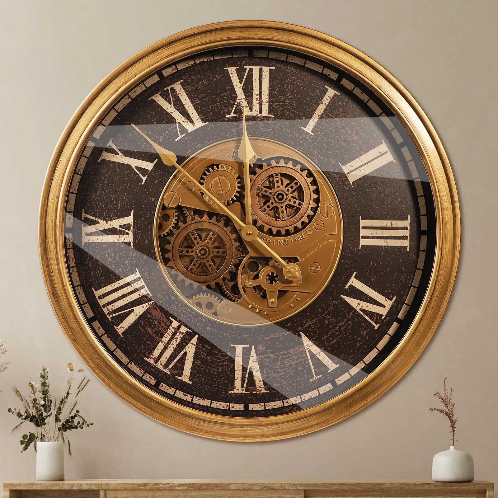 Heritage Steampunk Gear Wall Clock – 24 Inch Antique Gold