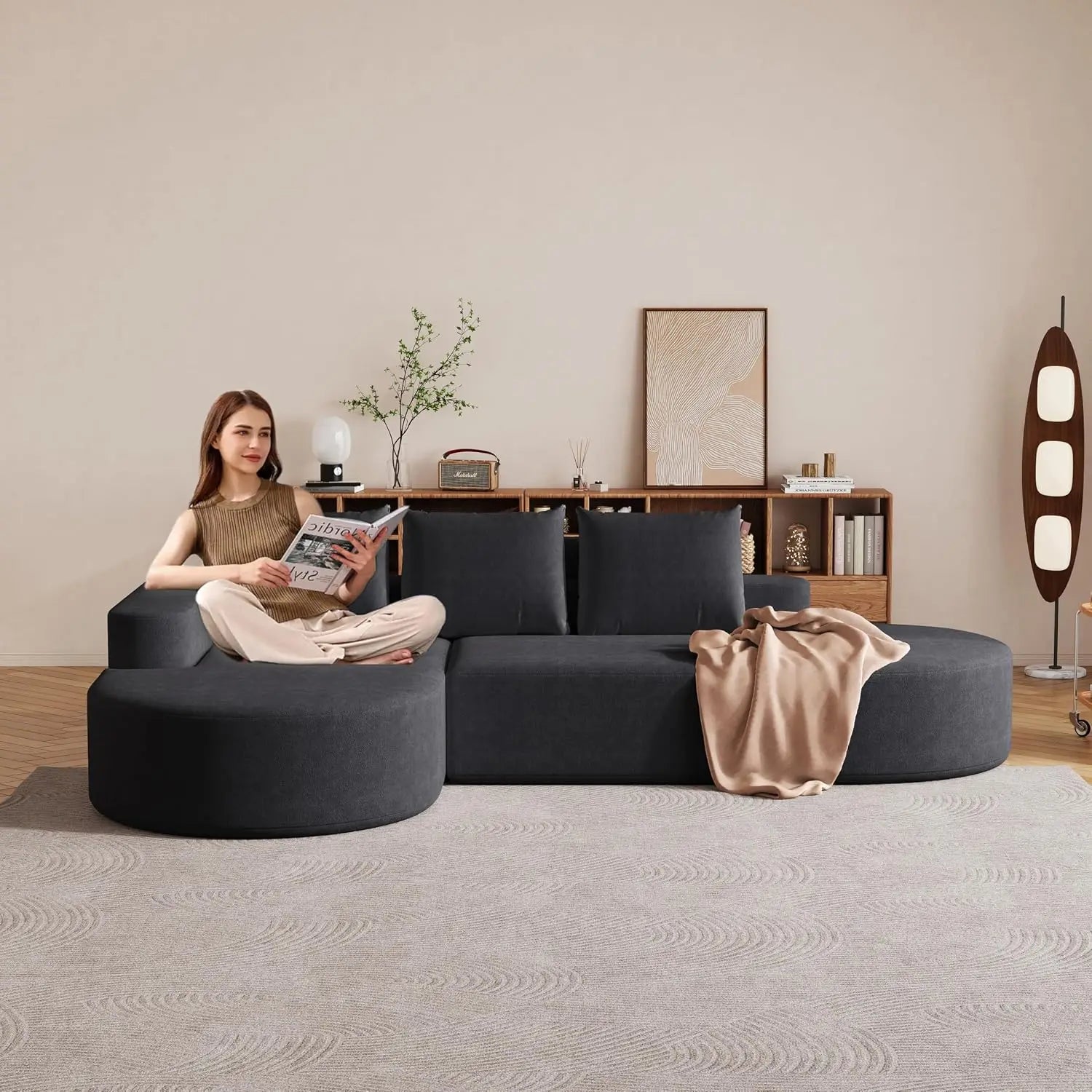 109" Modern Modular Curved L-Shaped Sofa, Chenille Upholstered Sectional Boneless Couch Set with 3 Pillows,Free, Customized