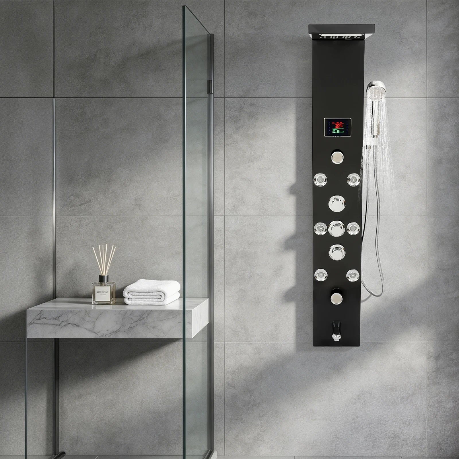 6-Function LED Shower Panel Tower with 8 Massage Jets – Black