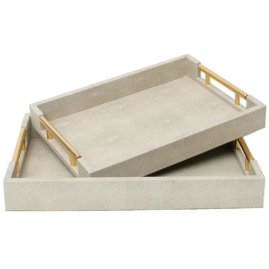 Ivory Luxe Shagreen Decorative Serving Tray Set with Gold Handles – 2 Piece