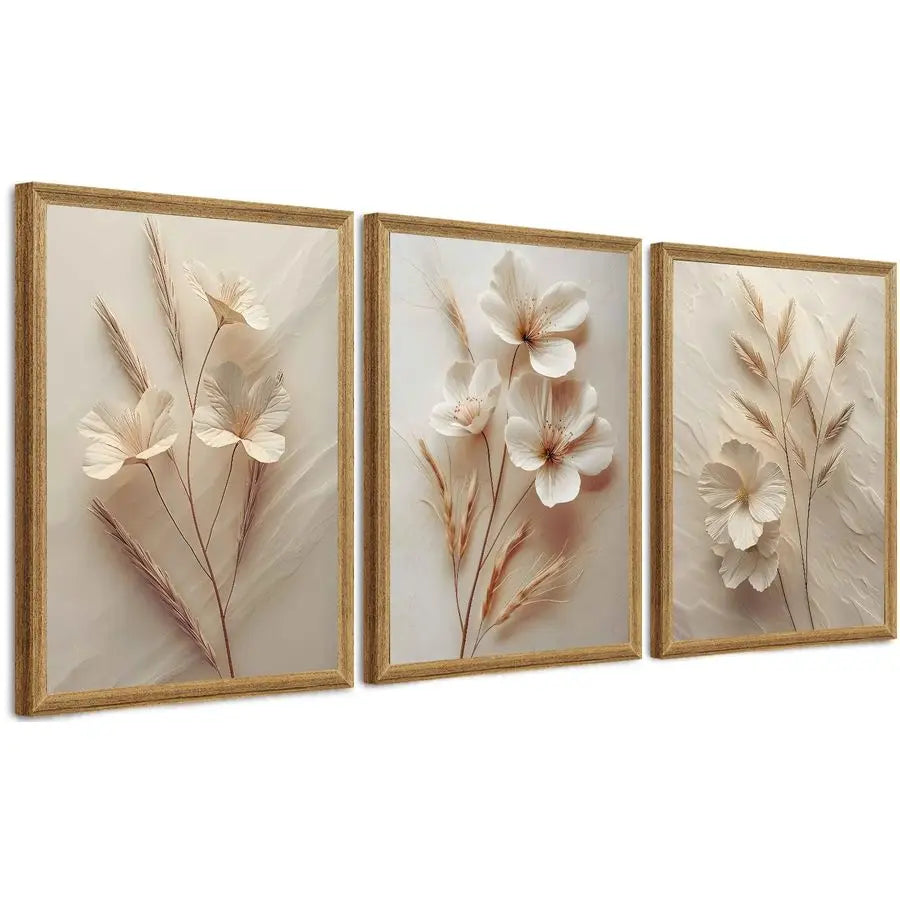 Wildflower Meadow Neutral Floral Canvas Wall Art Set – 3 Piece