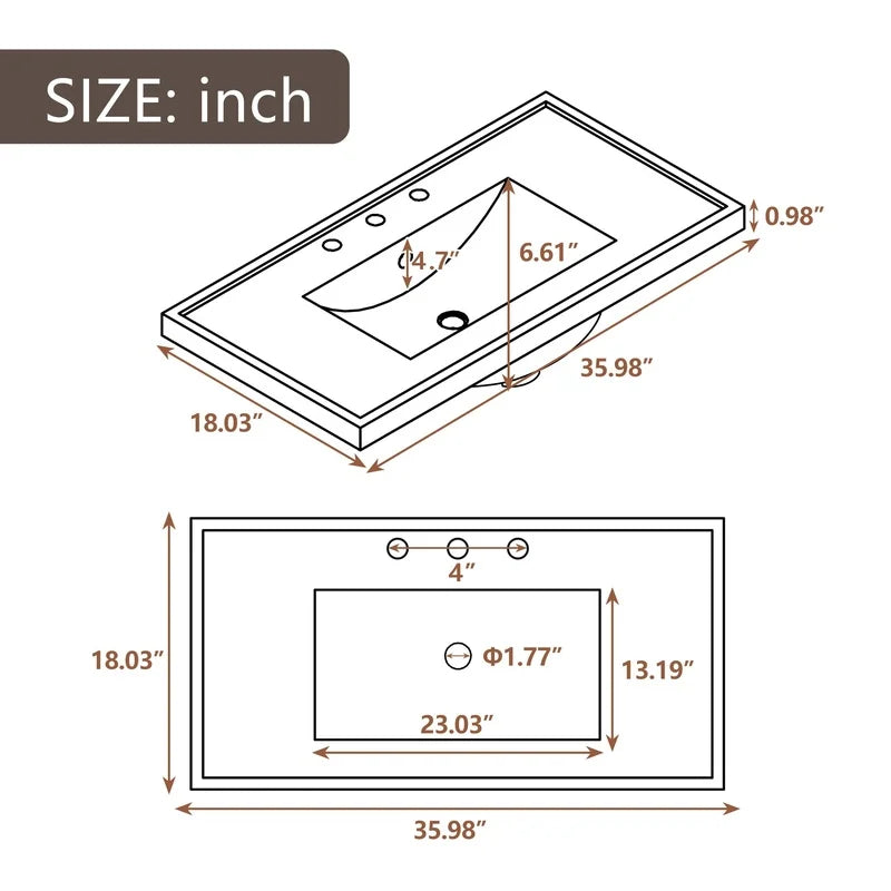 36" Grey Bathroom Vanity with Sink and Drawers, Solid Frame MDF Cabinet