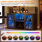 Rustic Wood Wine Bar Cabinet with RGB LED Lights, Power Outlets, Wine Rack & Glass Holder