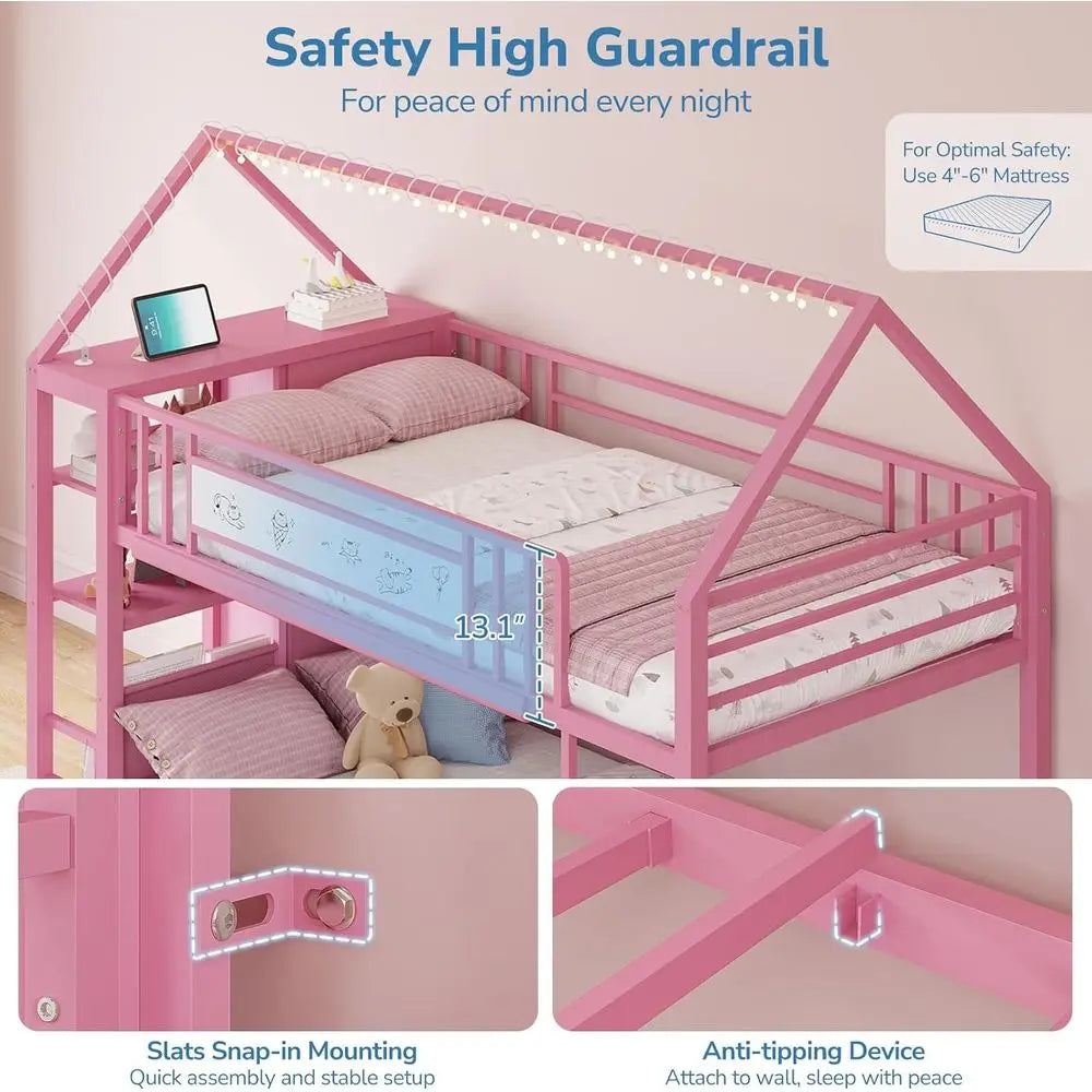 Twin Over Twin House Bunk Bed with 6 Drawers, Storage & Lights