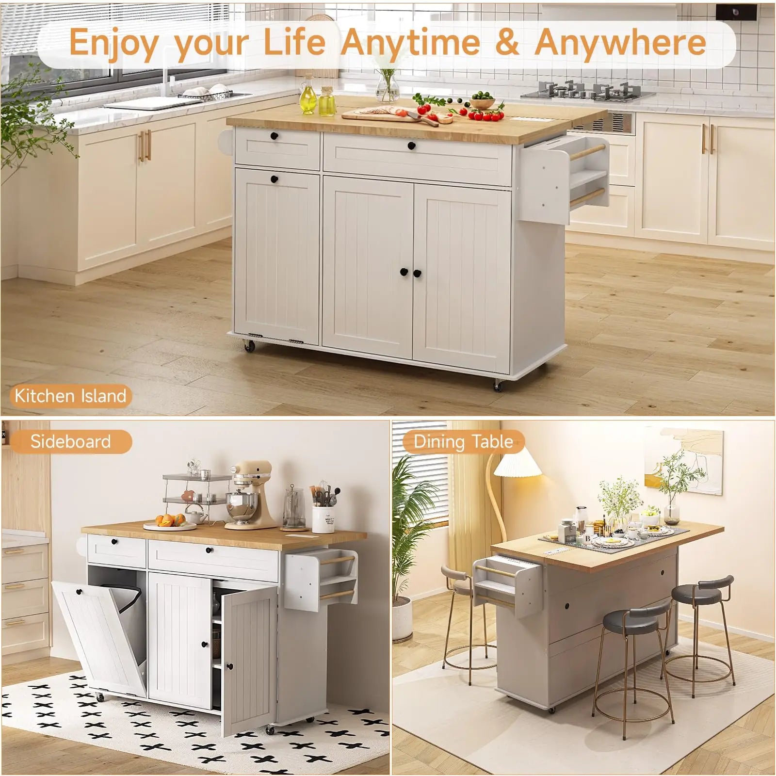 Rolling Kitchen Island with Drop Leaf, Power Outlet & Storage