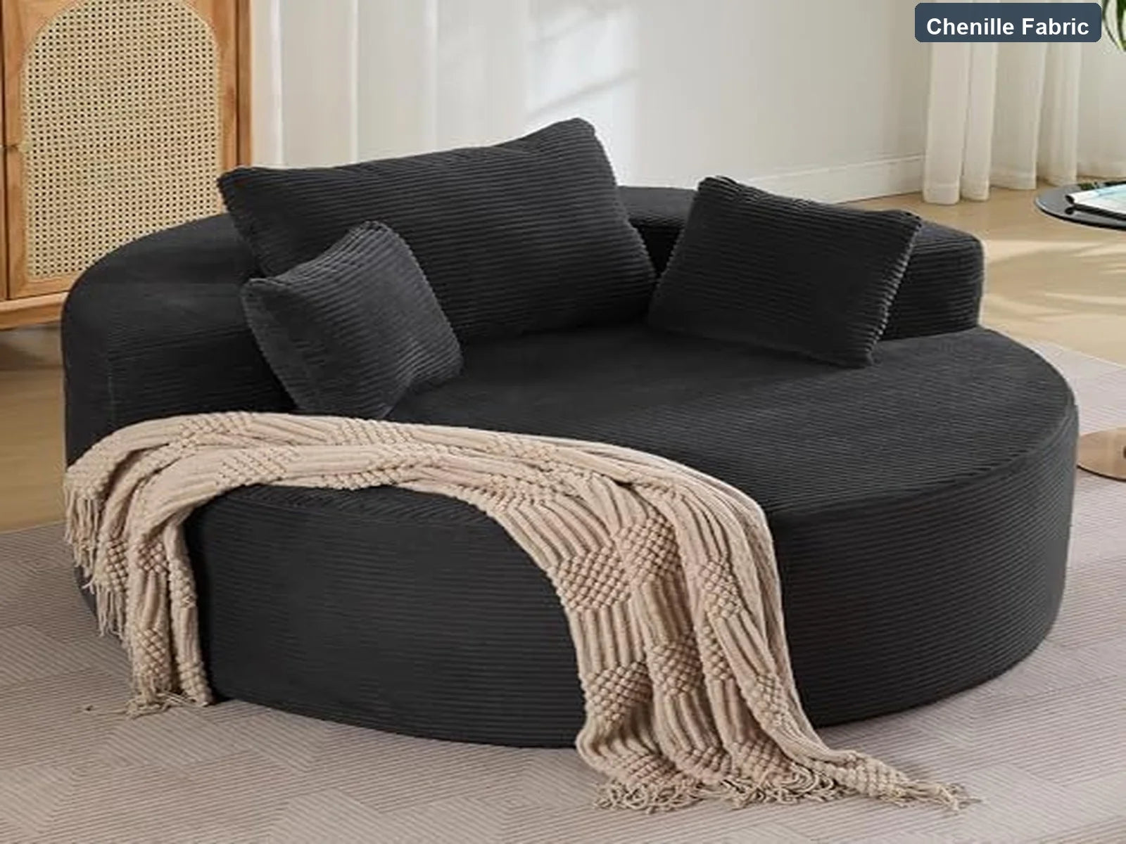 Oversized Bean Bag Chair 43 Inch Round Chenille Fabric Compressed Sofa Lounge with Pillows Black Living Room Bedroom