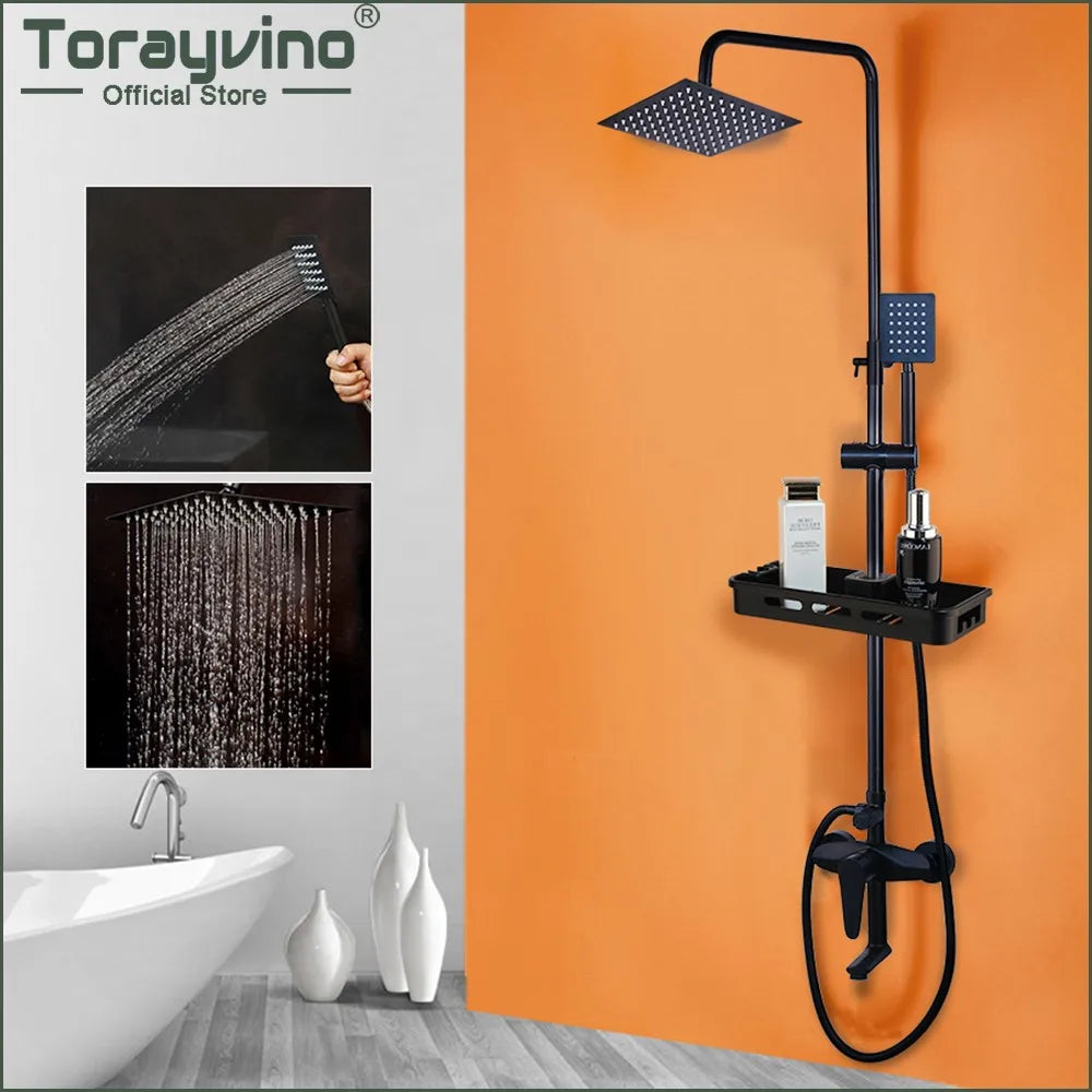 Matte Black Rainfall Shower System with Storage Shelf & Handheld Shower
