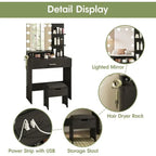 Black Lighted Vanity Desk with Mirror, Storage & Charging Station
