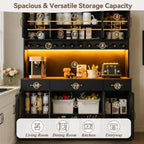 Black Kitchen Pantry Hutch with LED Lighting, Charging Station, Wine Rack & Adjustable Storage