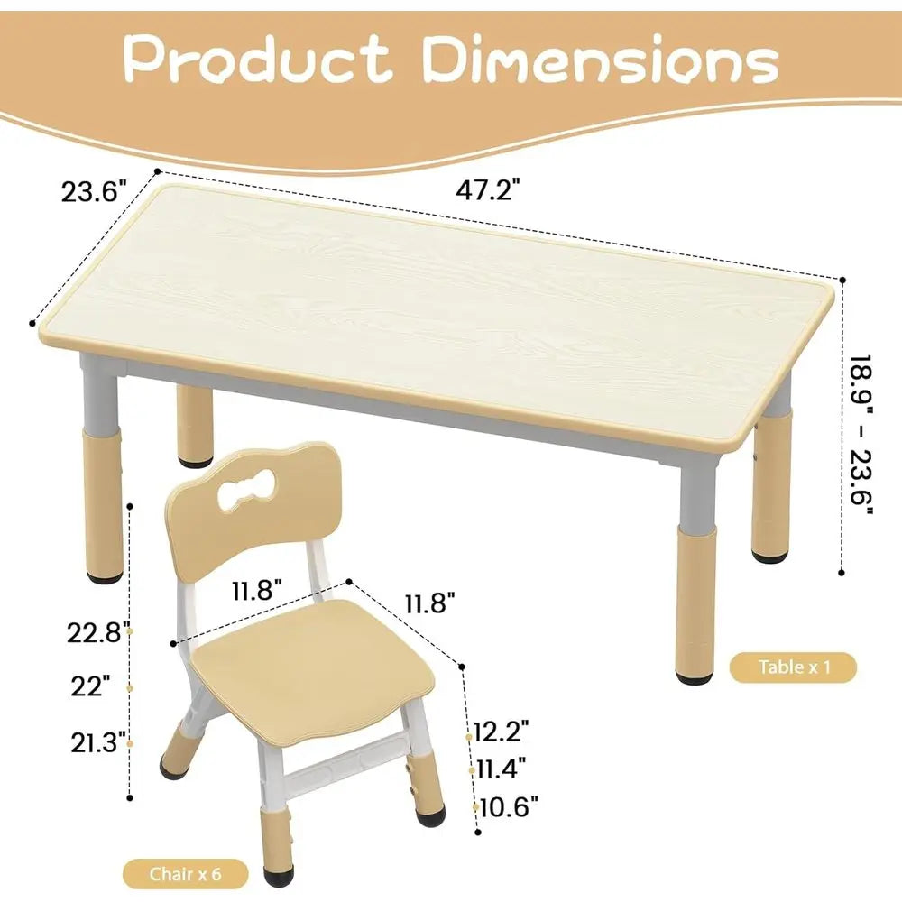 Kids Table And 6 Chairs Set Height Adjustable Toddler Table Ages 2-10 Graiti Desktop Non-Slip Legs for Children